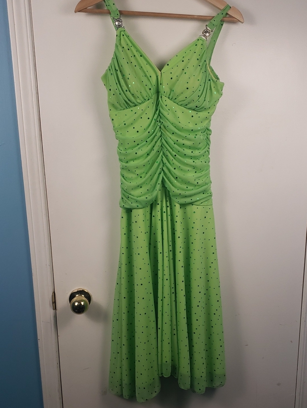 Grace USA Y2K Lime Green Rhinestone Ruched Midi Cocktail Dress Party Prom Med